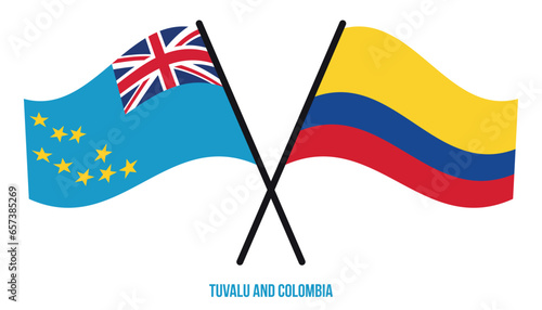 Tuvalu and Colombia Flags Crossed And Waving Flat Style. Official Proportion. Correct Colors.