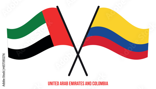 United Arab Emirates and Colombia Flags Crossed And Waving Flat Style. Official Proportion.