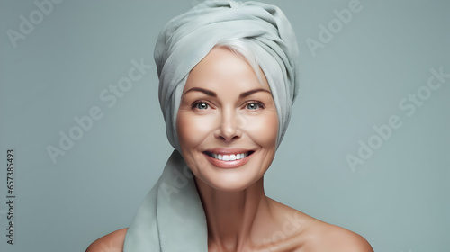 Mature woman with a youthful and healthy skin, towel on a head, morning routine