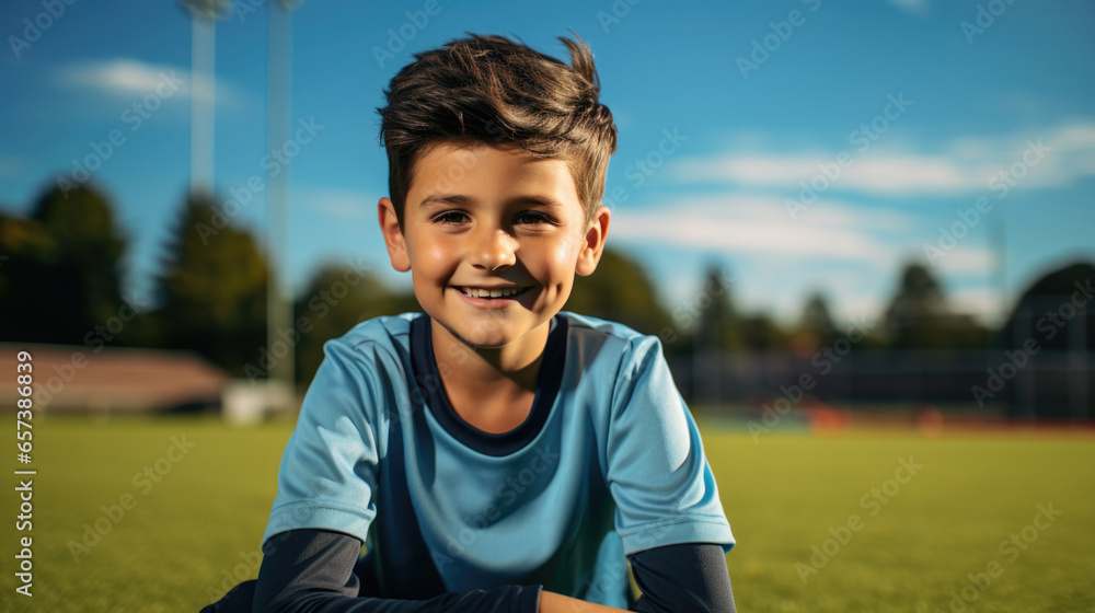 A young boy soccer player wearing a blue uniform against soccer field. - obrazy, fototapety, plakaty 