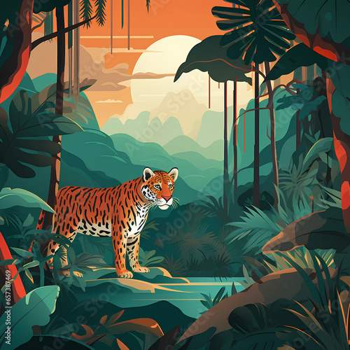 tiger in the jungle with sun and mountain bg