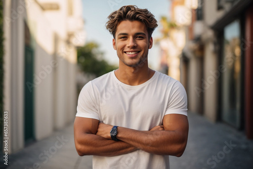 Portrait smile face of handsome young man stands confidently in white T-shirt