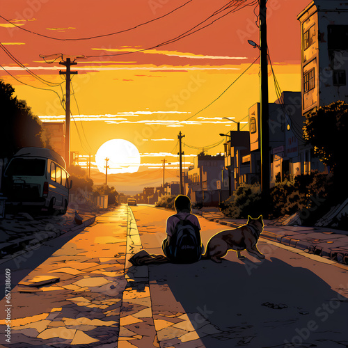 Person sitting on the road with road and city,sunset bg