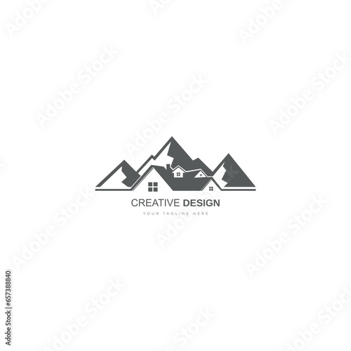 House Cabin logo vector mountain lodge illustration design sunset outdoor roof residence real estate