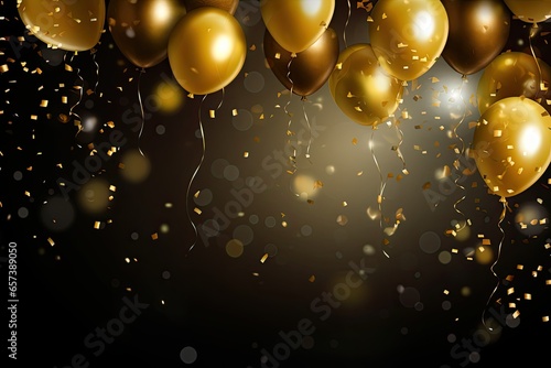 Elegant celebration background featuring a burst of joyous confetti and luxurious gold balloons