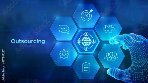 Outsourcing and HR. Social network and global recruitment. Global Recruitment Business concept. Wireframe hand places an element into a composition visualizing Outsourcing. Vector illustration.