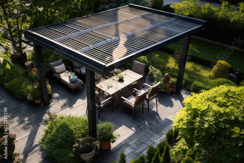 Modern black bio climatic pergola with top view on an outdoor patio. Teak wood flooring, a pool, and lounge chairs. green grass and trees in a garden photo