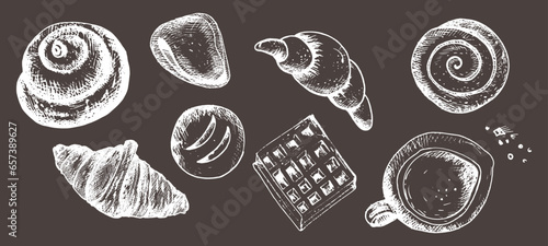 Sketch graphic illustration of buns, waffles, pastries, bread, a draft silhouette drawing, drawing with orange lines on white. A design kit.