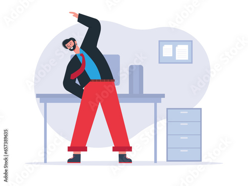 Businessman do quick exercise at office workplace. Exercise flat vector illustration.
