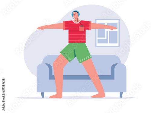 Men do exercise at home while wearing music. Exercise flat vector illustration.