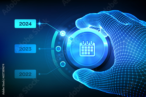 2024 new year change. Switch levels knob button on 2024. Wireframe hand setting calendar button on 2024 year position. Happy new year. New Year is coming concept. Vector illustration.