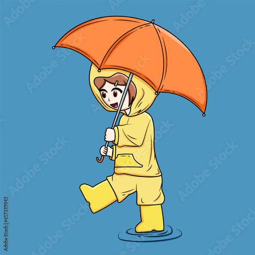 Cute Girl Playing In The Rain Illustration