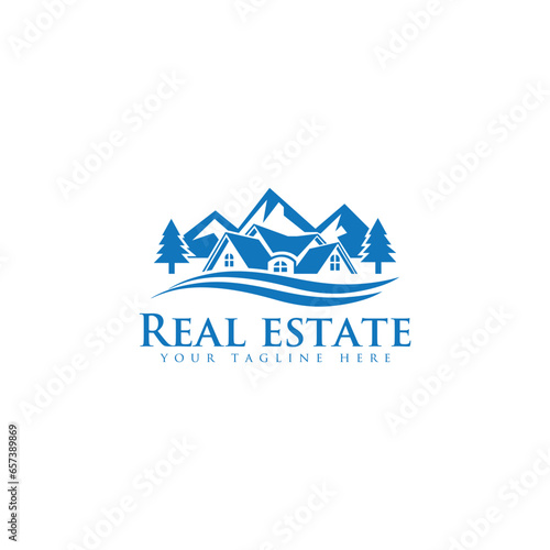 Logo design template for house rental on the lake. home logo construction. Vector illustration