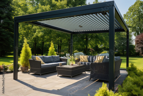 Modern black bio climatic pergola with top view on an outdoor patio. Teak wood flooring, a pool, and lounge chairs. green grass and trees in a garden