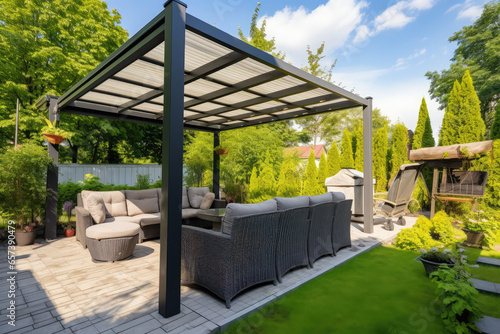 Modern black bio climatic pergola with top view on an outdoor patio. Teak wood flooring, a pool, and lounge chairs. green grass and trees in a garden © Kien