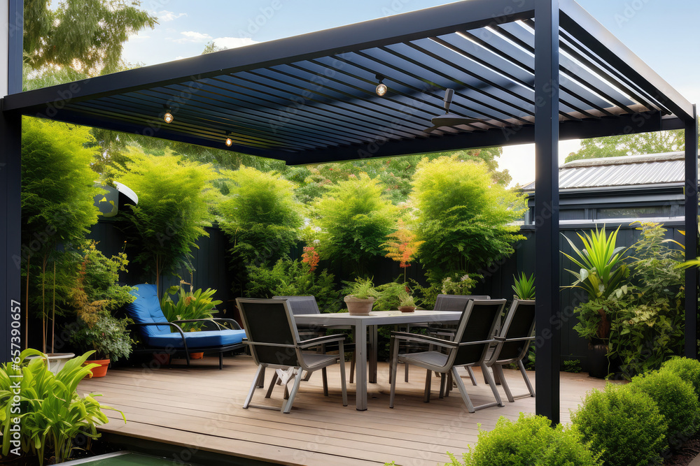 Modern black bio climatic pergola with top view on an outdoor patio. Teak wood flooring, a pool, and lounge chairs. green grass and trees in a garden
