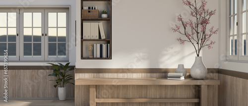 Fototapeta Naklejka Na Ścianę i Meble -  Interior design of a minimalist Scandinavian living room with a wooden bench against a white wall.