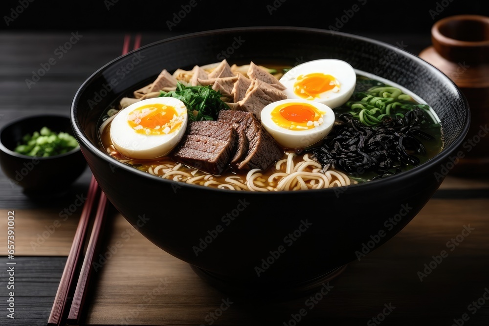 Gourmet Steaming Delicious Premium Japanese Beef and Half-Boiled Egg Ramen in Black Bowl - Authentic Asian Cuisine, AI Generated Gourmet Steaming Delicious Premium Japanese Beef and Half-Boiled Egg Ramen in Black Bowl - Authentic Asian Cuisine, AI Generated