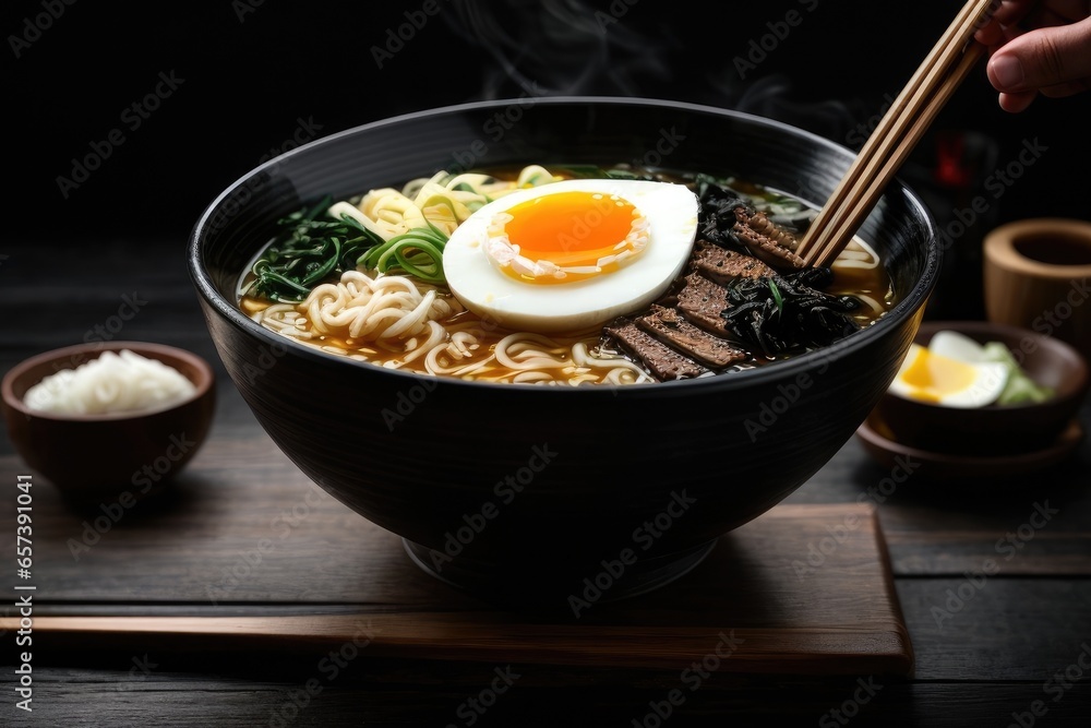 Gourmet Steaming Delicious Premium Japanese Beef and Half-Boiled Egg Ramen in Black Bowl - Authentic Asian Cuisine, AI Generated Gourmet Steaming Delicious Premium Japanese Beef and Half-Boiled Egg Ramen in Black Bowl - Authentic Asian Cuisine, AI Generated