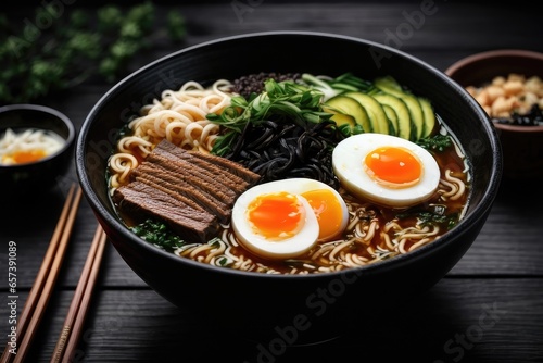 Gourmet Steaming Delicious Premium Japanese Beef and Half-Boiled Egg Ramen in Black Bowl - Authentic Asian Cuisine, AI Generated