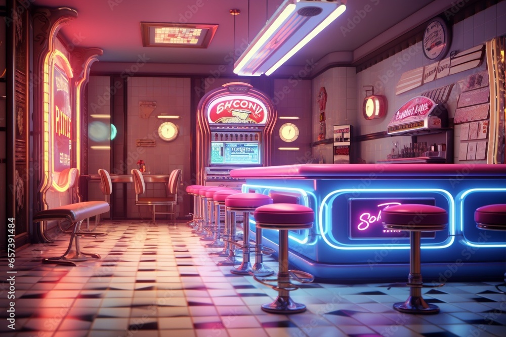 Generative AI : Retro diner interior with tile floor, jukebox, neon illumination, vintage arcade machine and bar stools. With words "Neon City" on the sign. 3d illustration. - obrazy, fototapety, plakaty 