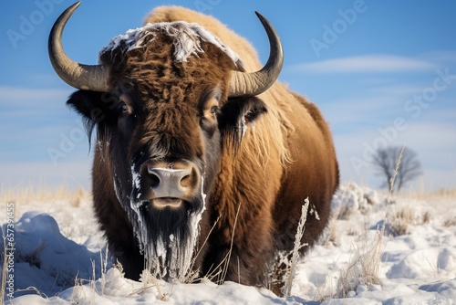 Generative AI : Wild bison cow in a snowy field at the Rocky Mountain Arsenal National Wildlife Refuge in Colorado © The Little Hut