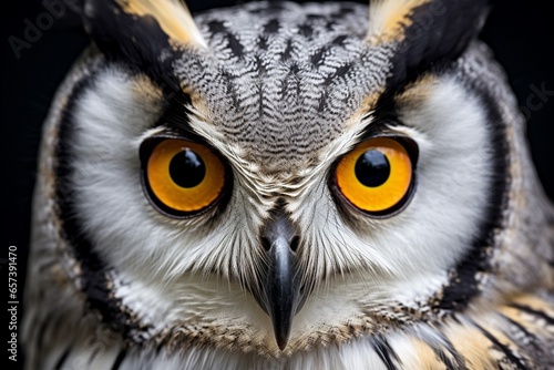Generative AI : Close-up portrait of a white-faced owl (Otis leucotis) with large orange eyes, South Africa