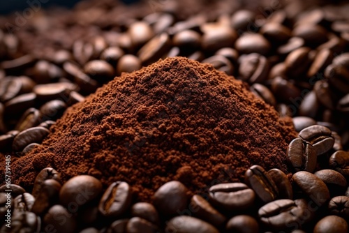 Generative AI : Coffee beans on a pile of ground coffee are close-ups.