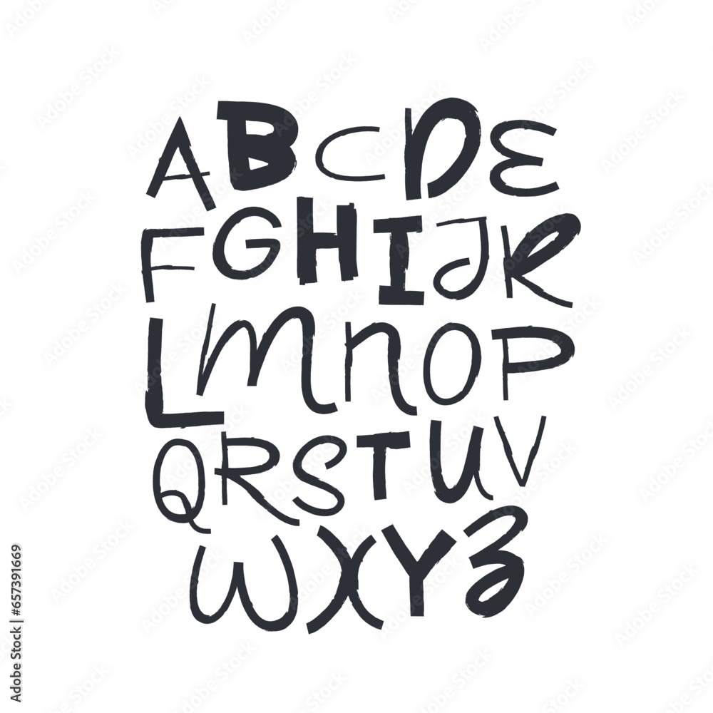 Black uppercase letters drawn by hand. Lettering. Modern funny children's playful font. Latin alphabet.