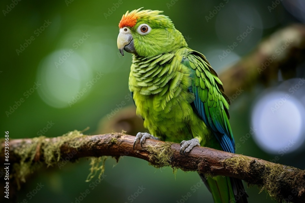 Generative AI : green arcari perched on branch in Amazon close up Generative AI : green arcari perched on branch in Amazon close up