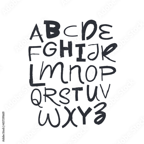 Black uppercase letters drawn by hand. Lettering. Modern funny children s playful font. Latin alphabet.