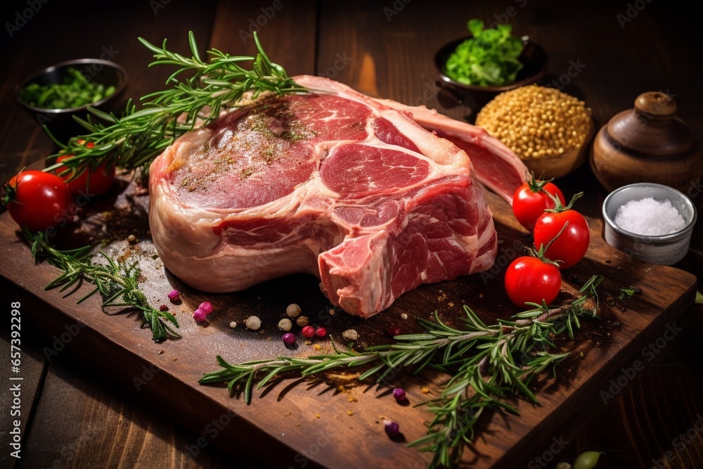Generative AI : Close up Fresh Pork Meat with Herbs, Spices and Veggies on Top of a Wooden Rustic Table, Captured in High Angle. Generative AI : Close up Fresh Pork Meat with Herbs, Spices and Veggies on Top of a Wooden Rustic Table, Captured in High Angle.