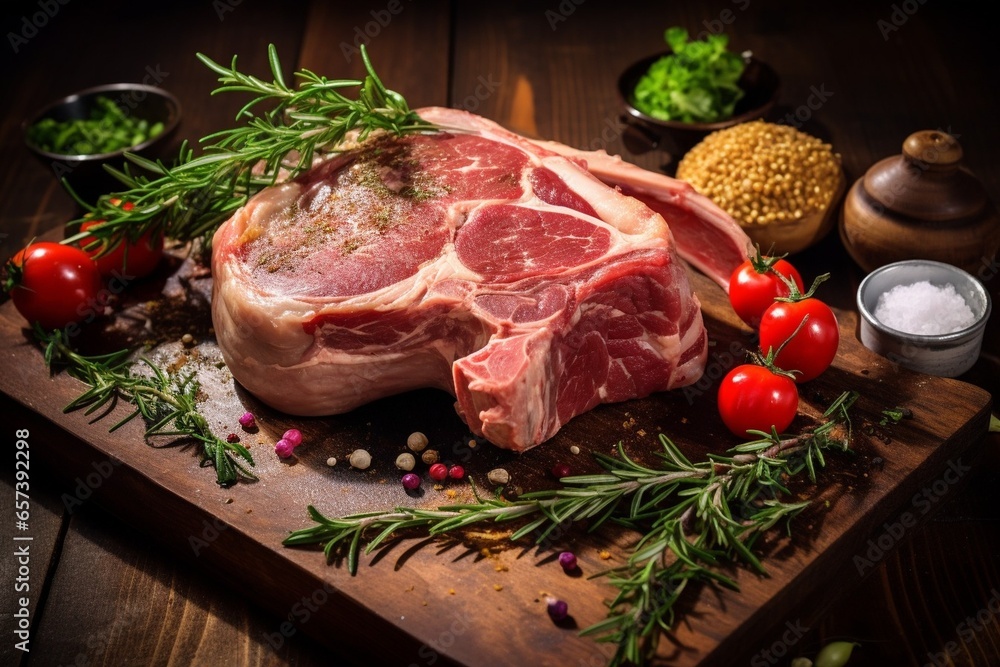 Generative AI : Close up Fresh Pork Meat with Herbs, Spices and Veggies on Top of a Wooden Rustic Table, Captured in High Angle.