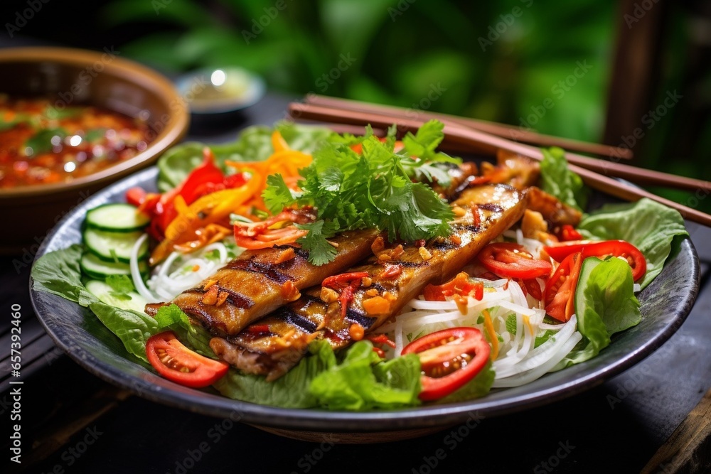 Generative AI : Close up on traditional Vietnamese salad with eel meat & vegetables.Spicy exotic dish from Vietnam.Enjoy natural fresh ingredients.Gourmet diet food - obrazy, fototapety, plakaty 