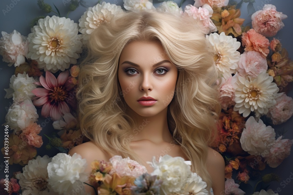 Generative AI : portrait of a beautiful blonde girl with a composition of flowers Generative AI : portrait of a beautiful blonde girl with a composition of flowers
