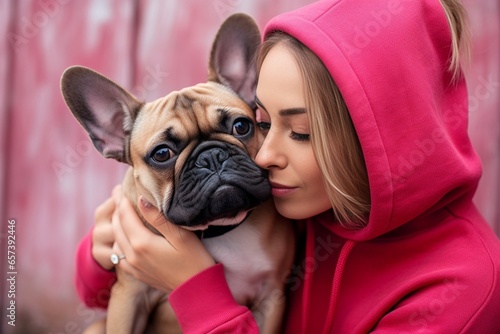 Generative AI : Close-up of caucasian young brunette woman kissing her pet french bulldog. Girl and dog are wearing red-pink hoodies going out for walk. Showing affection concept photo