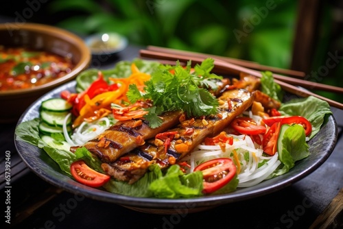 Generative AI : Close up on traditional Vietnamese salad with eel meat & vegetables.Spicy exotic dish from Vietnam.Enjoy natural fresh ingredients.Gourmet diet food photo