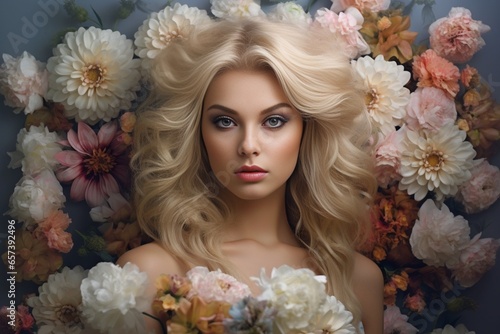 Generative AI : portrait of a beautiful blonde girl with a composition of flowers