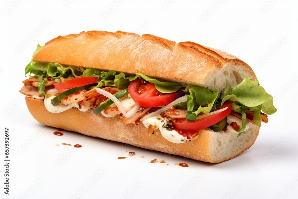 Generative AI : fresh sandwich close up with vegetables and meat fish isolated on white background Generative AI : fresh sandwich close up with vegetables and meat fish isolated on white background