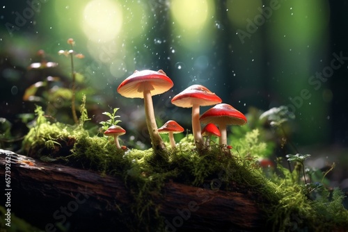Generative AI : close-up, a magical world unfolds with lush moss and enchanting mushrooms on delicate stalks, bathed in soft warm light