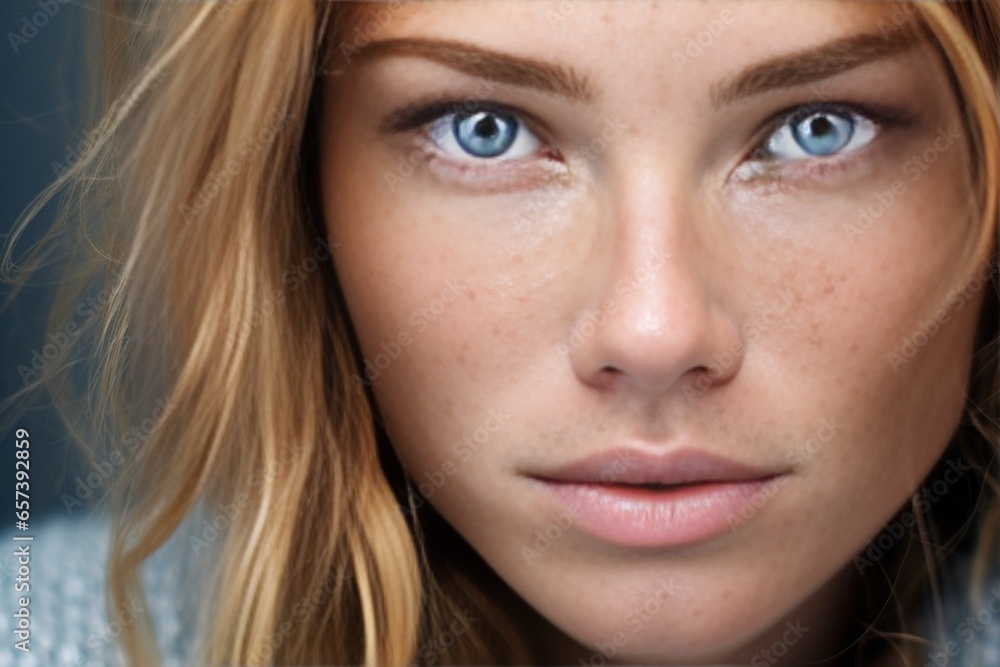 Generative AI : Freckles blonde woman portrait. close-up, blue eyed girl, perfect skin Generative AI : Freckles blonde woman portrait. close-up, blue eyed girl, perfect skin