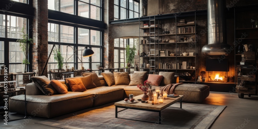 living room loft in industrial style, generative AI living room loft in industrial style, generative AI