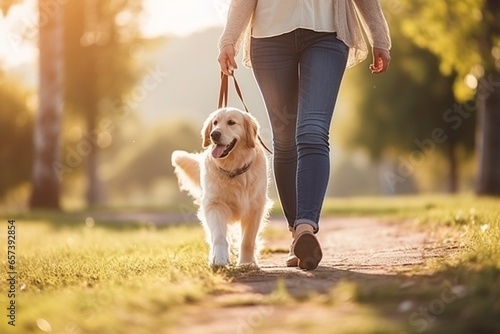 Generative AI : Owner walking with dog together in park outdoors, summer vacation, Adorable domestic pet concept, Friendship between human and their pet