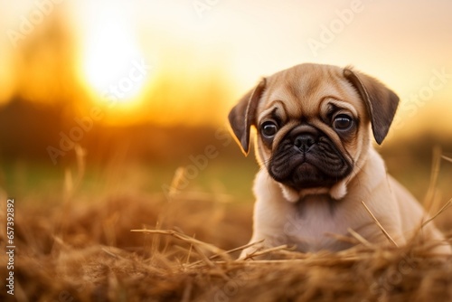 Generative AI : Close-up of a pug puppy with a wrinkled and funny face sitting against a blurry background in the countryside. photo