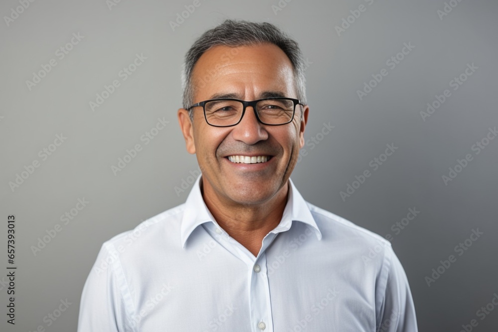 Generative AI : Portrait of a mature businessman wearing glasses on grey background. Happy senior latin man looking at camera isolated over grey wall with copy space. Close up face of happy successful - obrazy, fototapety, plakaty 