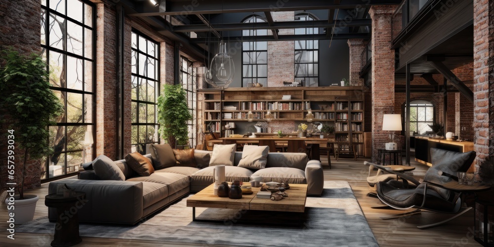 living room loft in industrial style, generative AI