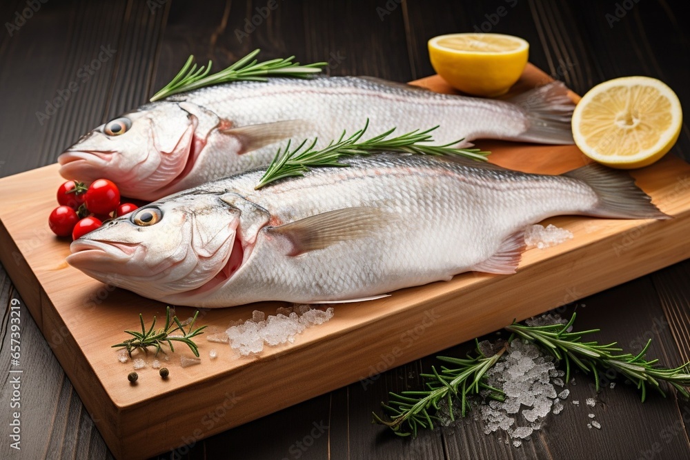 Generative AI : fresh fish with lemon and Rosemary on wooden board.Fresh raw fish sea bass (seabass) on white background. Close up. Generative AI : fresh fish with lemon and Rosemary on wooden board.Fresh raw fish sea bass (seabass) on white background. Close up.