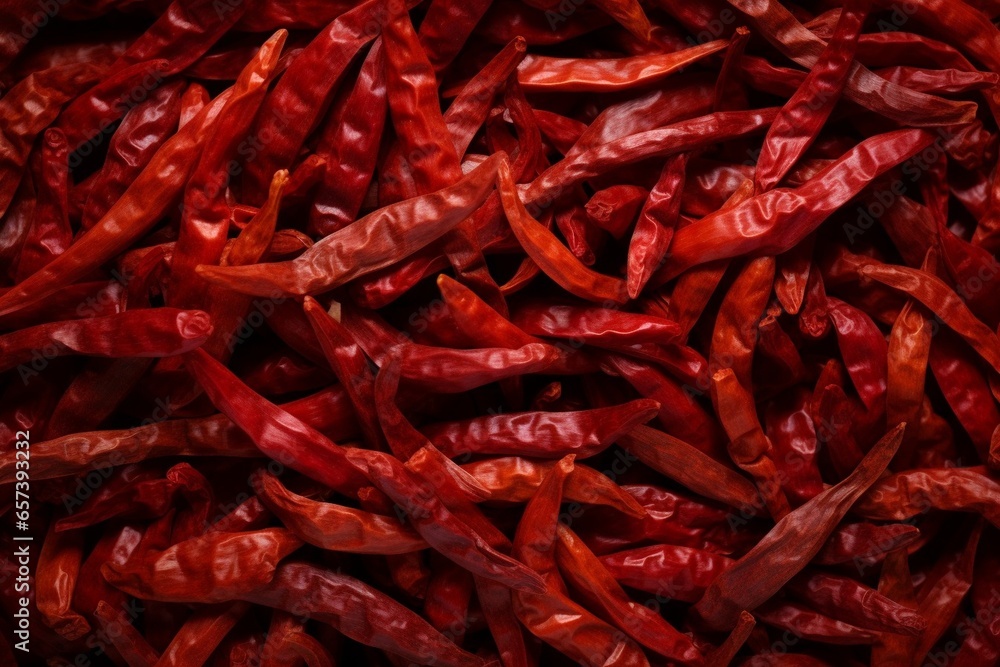 Generative AI : Close up dried chilli background. Red hot chili wallpaper. - obrazy, fototapety, plakaty 