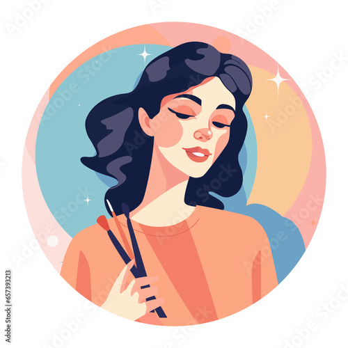 Vector illustration of charming beautiful young girl holding makeup brushes in hand. Woman doing makeup concept art. Fashion and beauty industry. For logo, poster, highlights, banner. Circle shape.