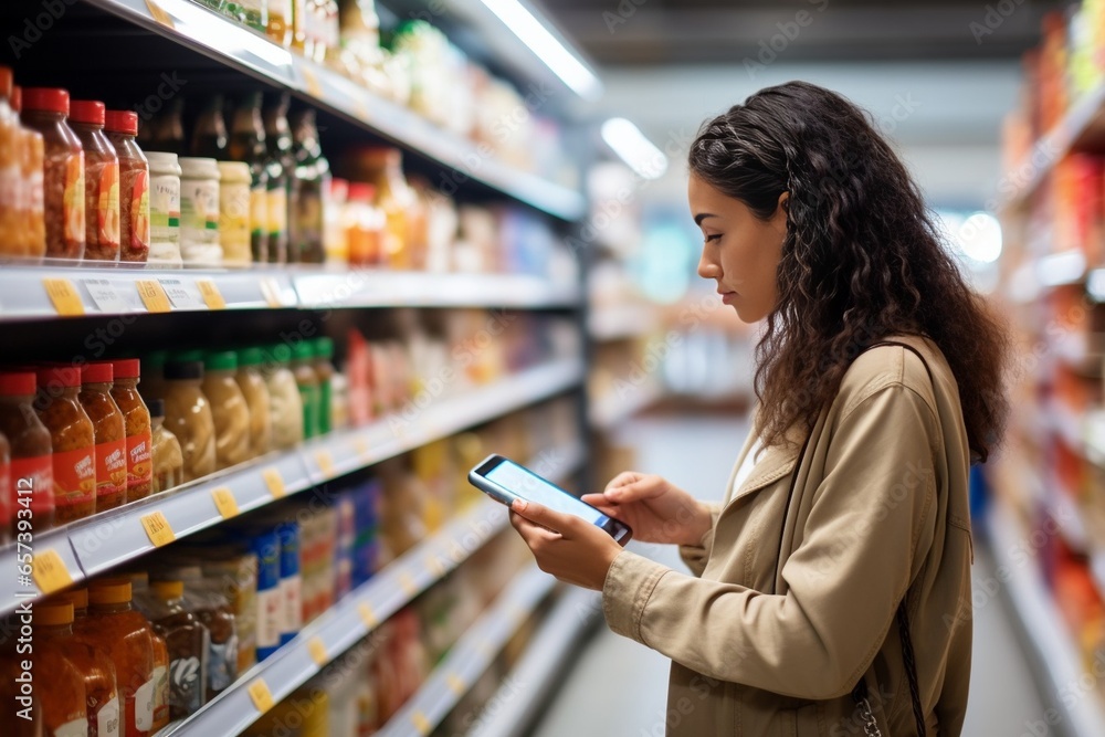 Generative AI : Close-up side view of unrecognizable young woman choosing products in market walking along counters taking photos of items using smartphone. Female looking up nutrition facts using mob - obrazy, fototapety, plakaty 